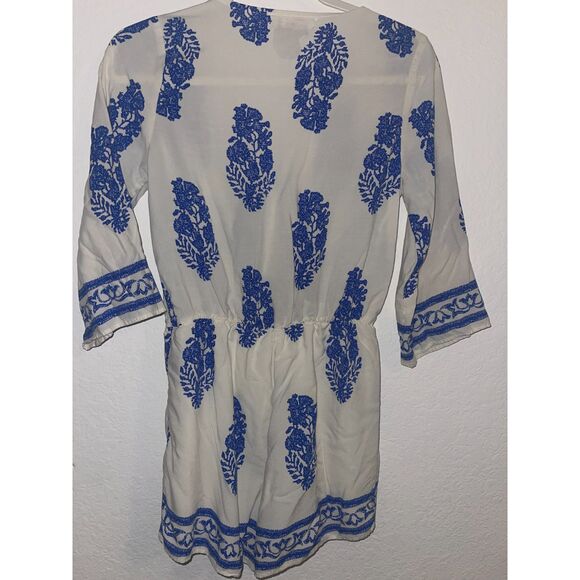 A’gaci Women’s Blue White Boho Print Romper Playsuit Cinched Waist Size Small - Picture 2 of 7